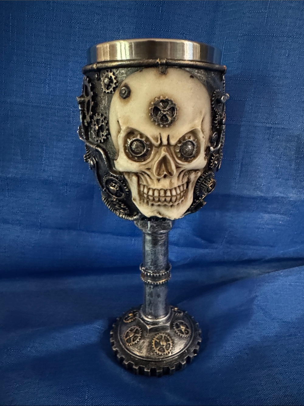 Skull & Gears Gothic Wine Goblet - Metallic Silver & Gold Accents